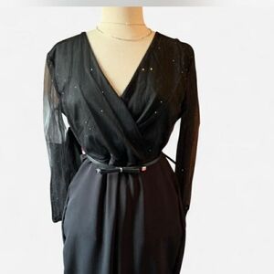Black Sheer Wrap Style Dress with Subtle Sparkle